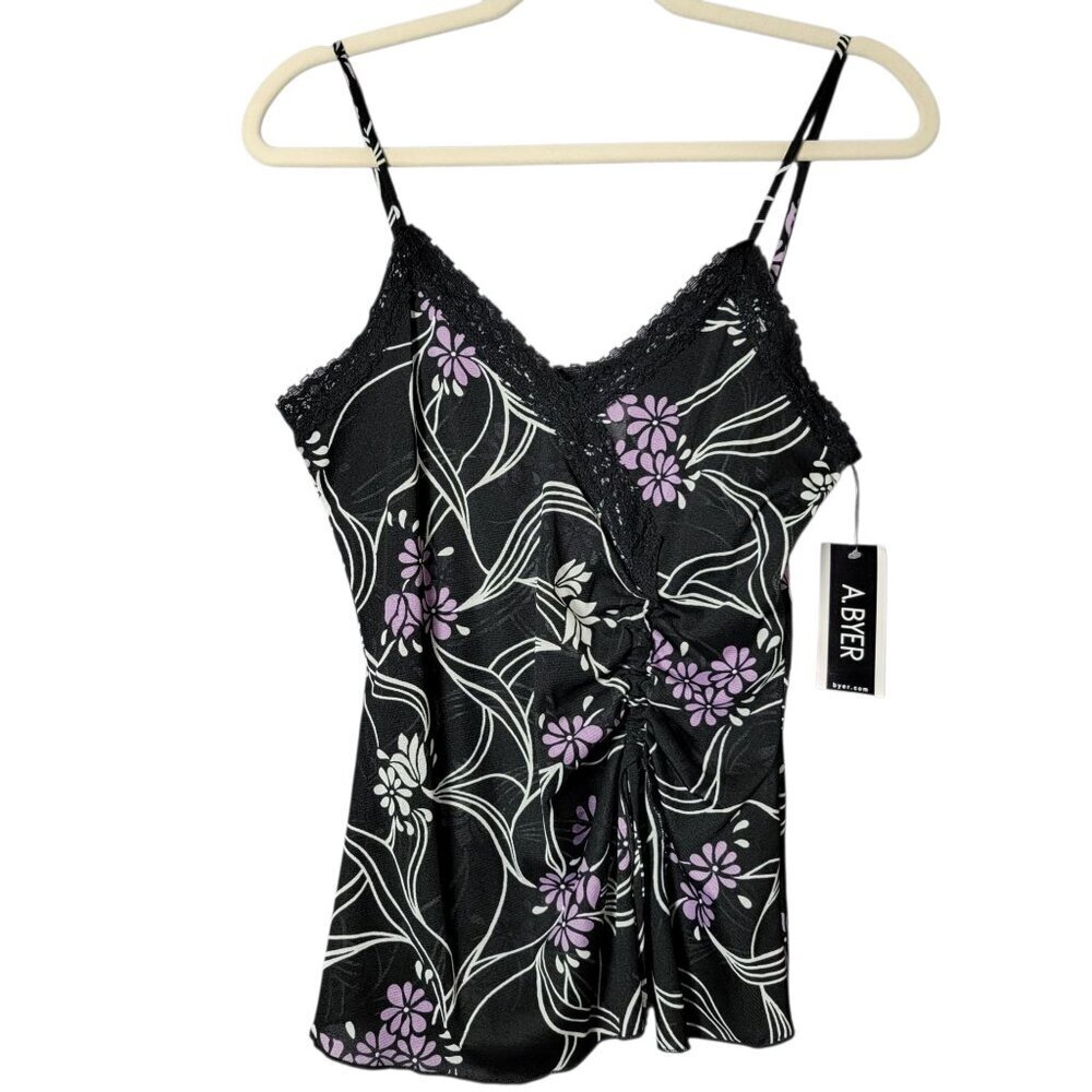VTG A. Byer Womens Y2K Black Purple Floral V-Neck Lace Trim Babydoll Cami Top L
